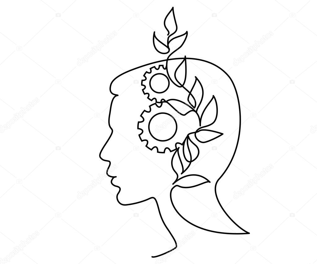 Human head with plant and gears. Concept of good mental health. Continuous one line drawing. Destress management in psychology. Vector illustration