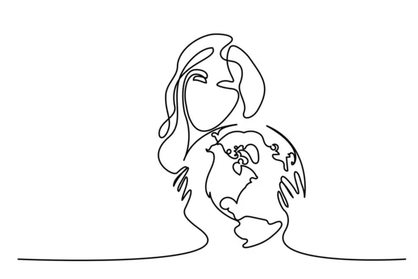 Femme tient globe de la Terre dans les mains. Continuous Illustration d'une ligne — Image vectorielle