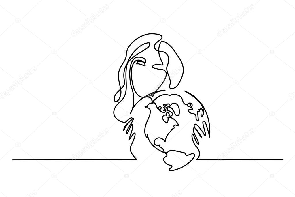 Woman holds globe of Earth in her hands. Continuous One line illustration. Peace and eco concept. Vector illustration