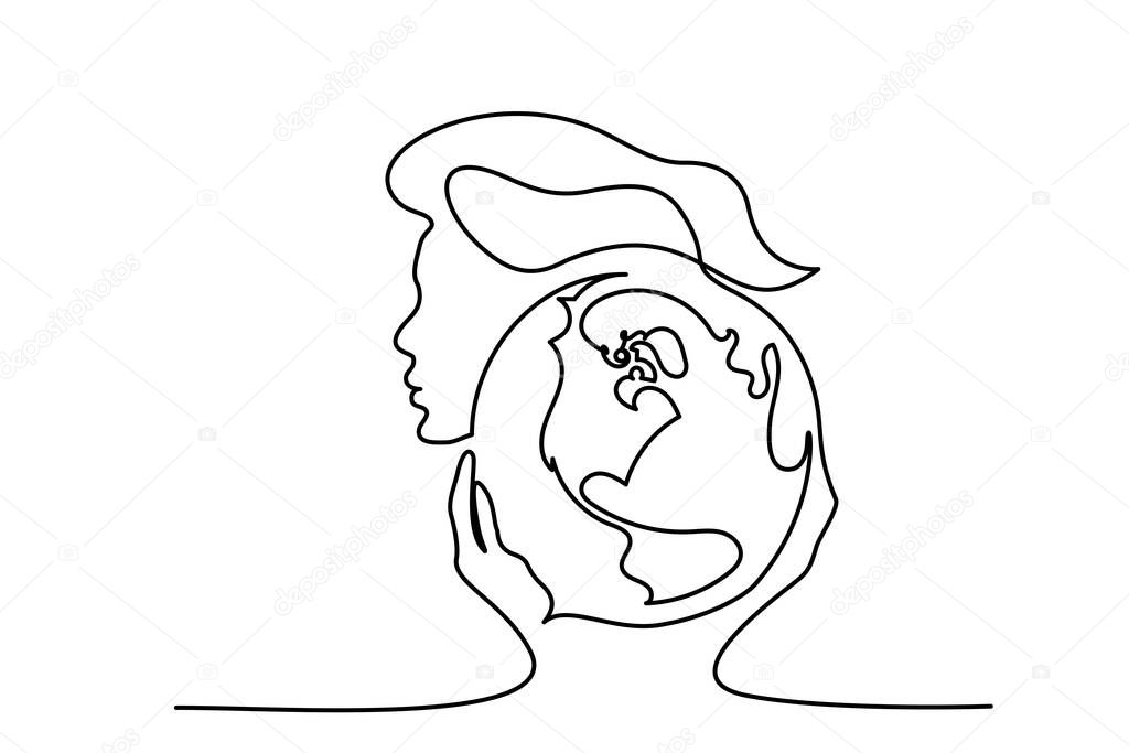 Woman holds globe of Earth in her hands. Continuous One line illustration. Peace and eco concept. Vector illustration
