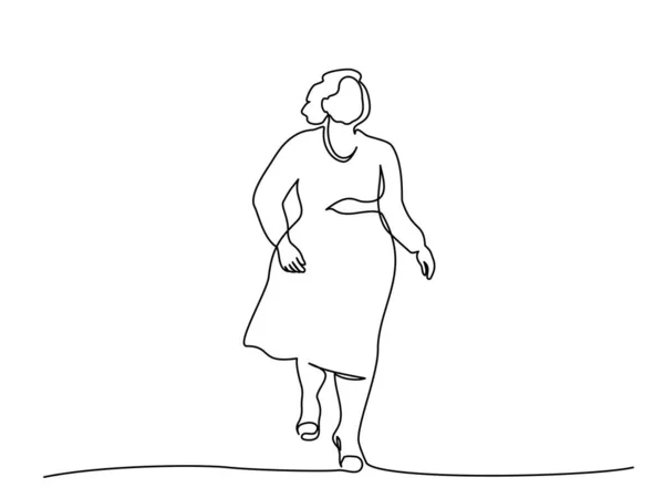 Mujer gorda caminando. Dibujo continuo de una línea. — Vector de stock