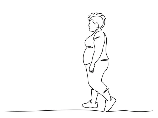 Mujer gorda caminando. Dibujo continuo de una línea. — Vector de stock