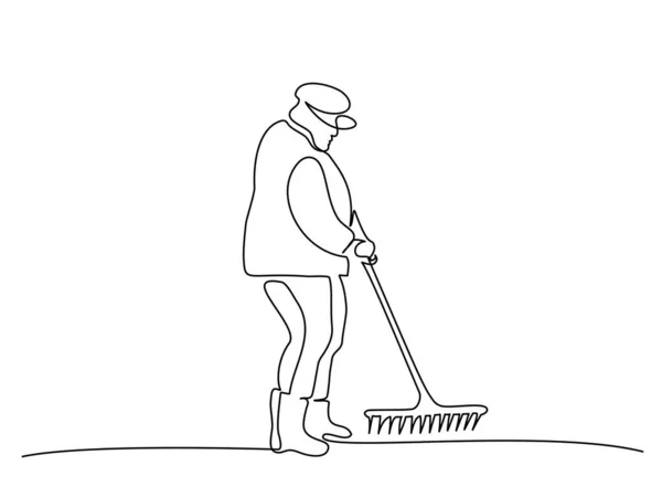 一个拿铲子的园丁老头连续单线绘图. — 图库矢量图片