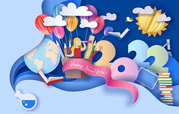 2022 Nuovo anno carta di design con i bambini su sfondo blu. — Vettoriale Stock