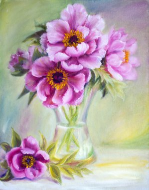 Peonies vazoda, tuval üzerine yağlıboya resim