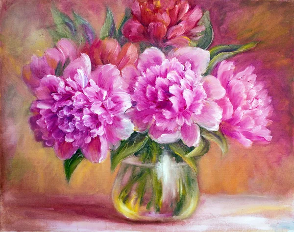 Peonies in vase, oil painting on canvas — Stock Photo, Image