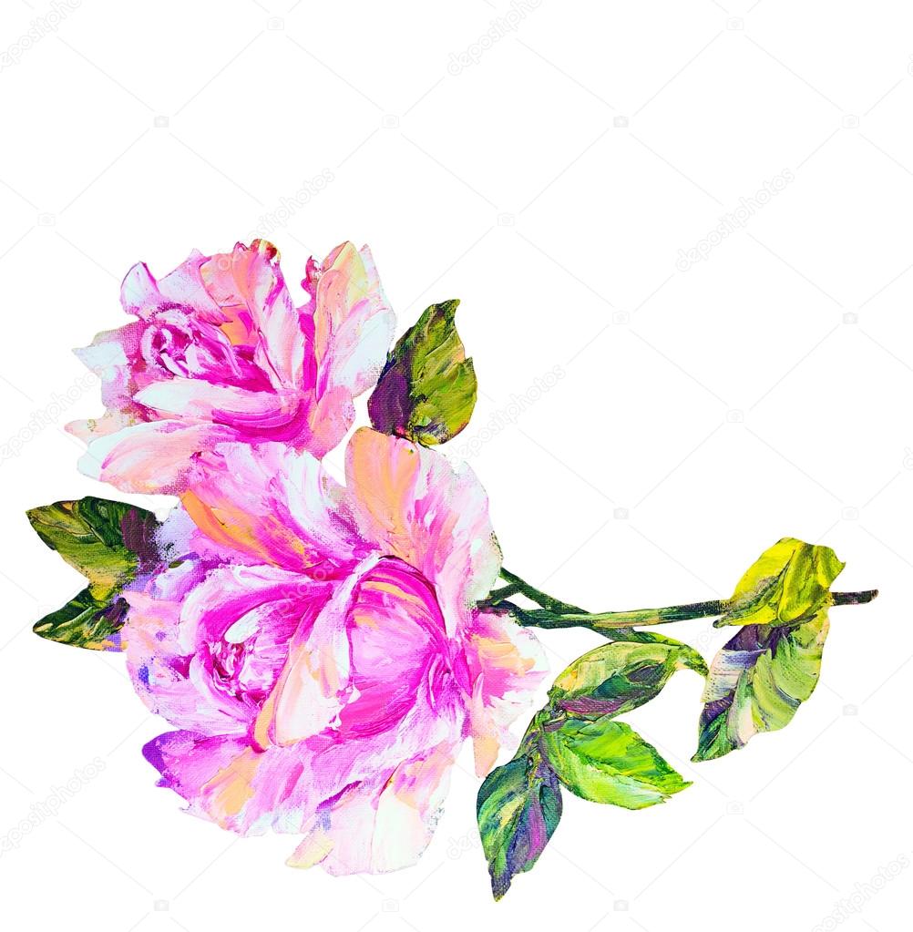 Roses isolated on white, oil painting