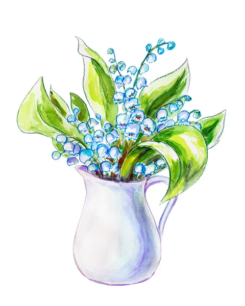 Lilies of the valley in jug. Watercolor painting. — Stock Photo, Image