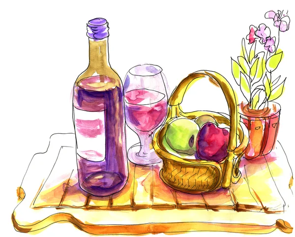 Wine tasting sketch - pen and watercolor drawings — Stock Photo, Image