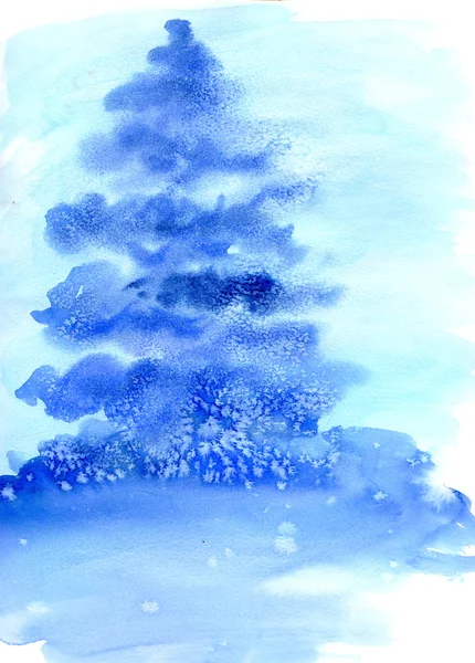 Akvarel obrázek vánoční strom ve sněhu. — Stock fotografie