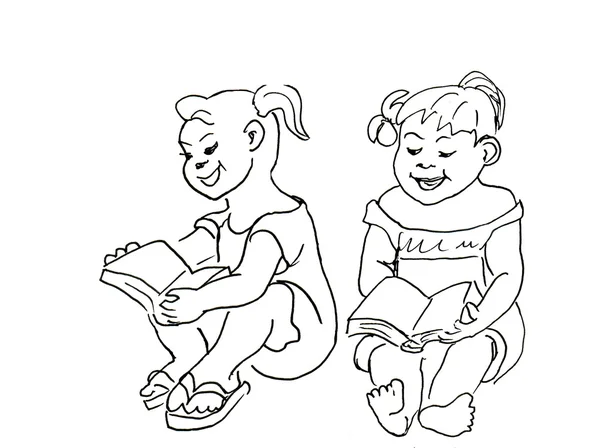 Små flickor sitter och läser en bok — Stockfoto