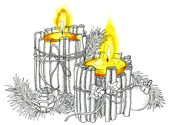 Christmas Candle i doodle stil svart på vitt — Stockfoto