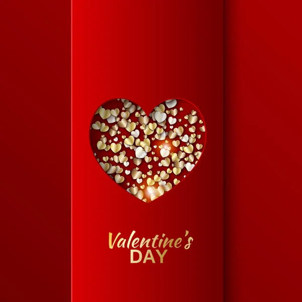 Corazones de oro día de San Valentín felicitación tarjeta roja — Vector de stock