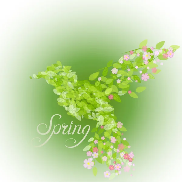 Létající krásný pták s květiny a zelené listy — Stockový vektor