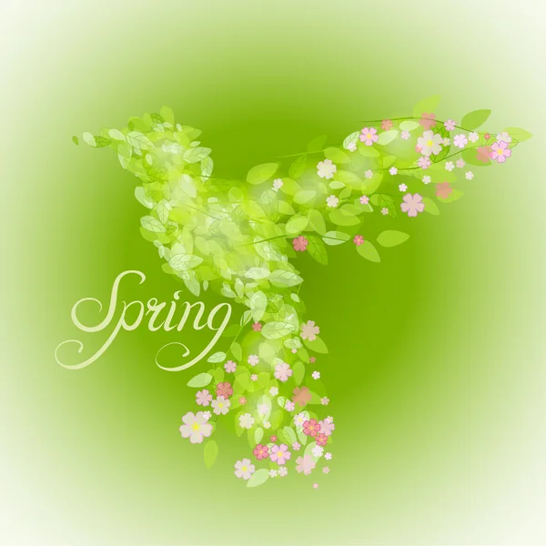 Voler bel oiseau avec des fleurs et des feuilles vertes — Image vectorielle