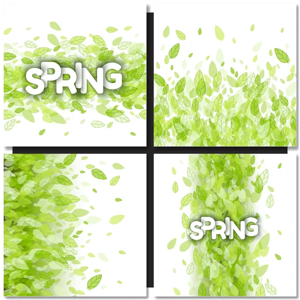 Set of Spring backgrounds with green leaves and letter — Stock Vector