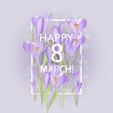 Çerçeve çiğdemler ve kardelen çiçek. Mor arka plan