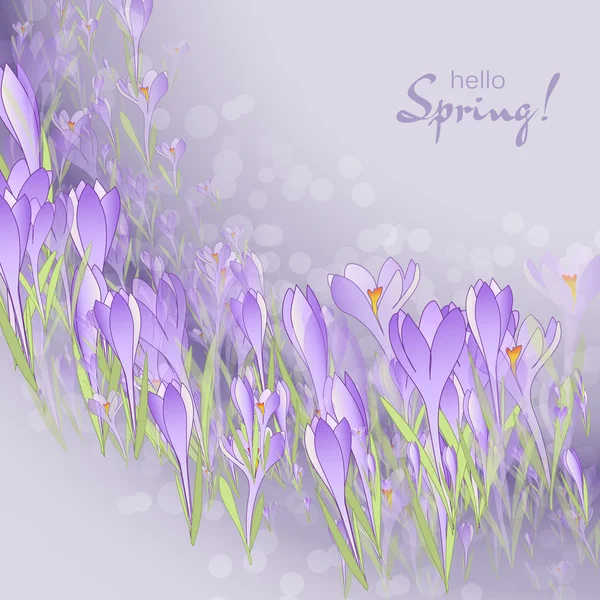 Cadre floral avec crocus et gouttes de neige. Fond violet — Image vectorielle