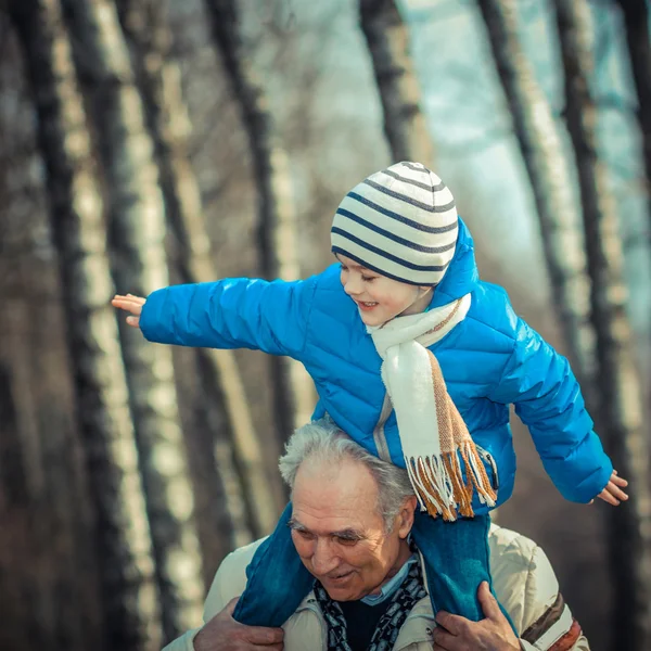 Dědeček nese na svých bedrech vnuk — Stock fotografie