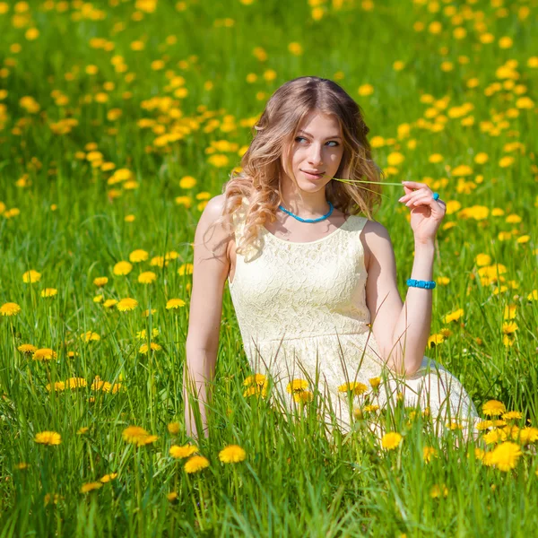 Красивая девушка на поле одуванчиков — стоковое фото