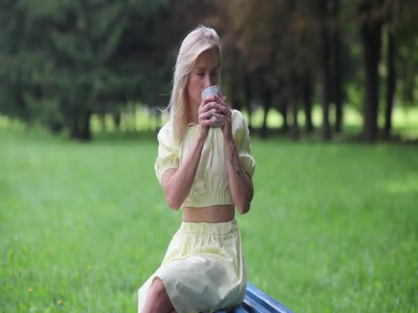 Beautiful Girl Bright Summer Day Drinks Tea Coffee While Sitting — Stock Video