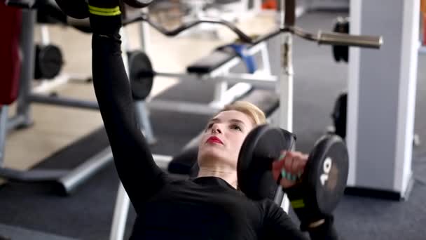 Hermosa chica deportiva se dedica al gimnasio. Levantando brazos con mancuernas — Vídeo de stock