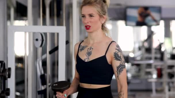 Όμορφη σπορ κορίτσι ασχολείται με το γυμναστήριο. Ανύψωση όπλων με αλτήρες — Αρχείο Βίντεο