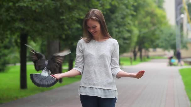 Atractiva chica feliz mano alimentación palomas en el parque. — Vídeo de stock