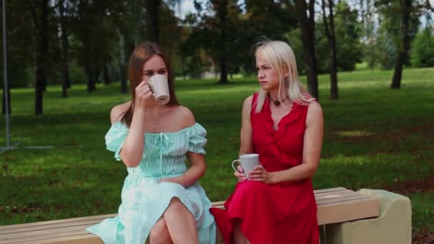 Mutter und Tochter trinken Tee im Park — Stockvideo