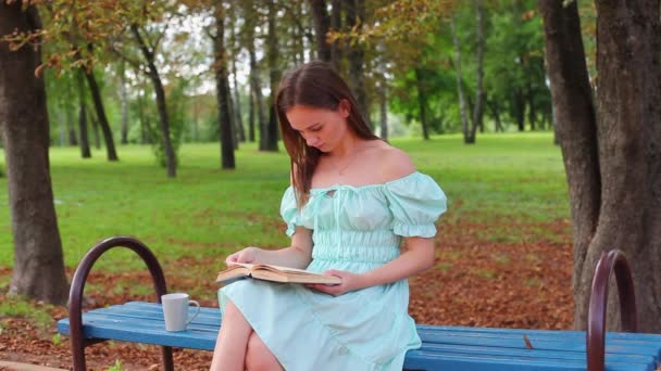 Bella ragazza legge un libro in una luminosa giornata estiva — Video Stock