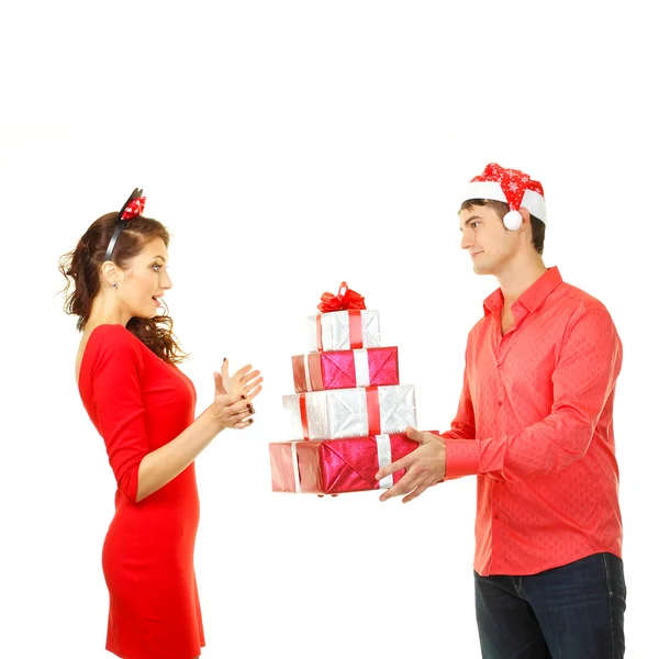 Homem dá muito presentes para a menina — Fotografia de Stock