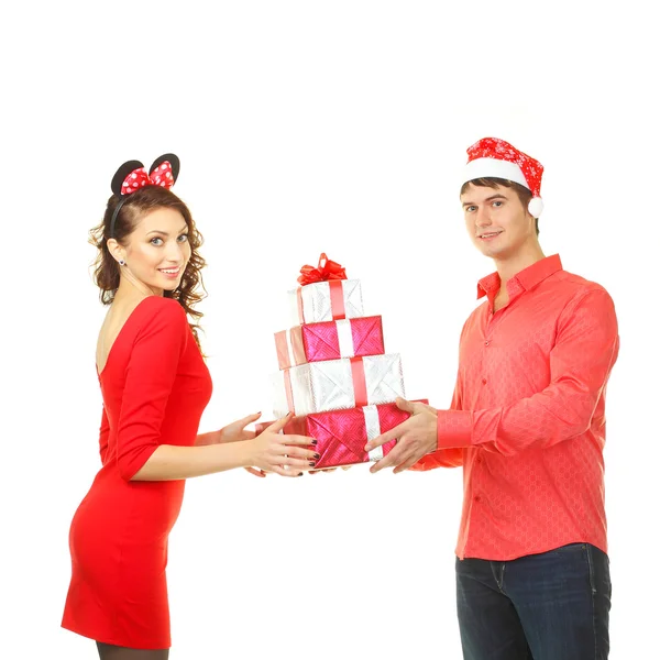 Man gives a lot gifts for girl — Stock Photo, Image