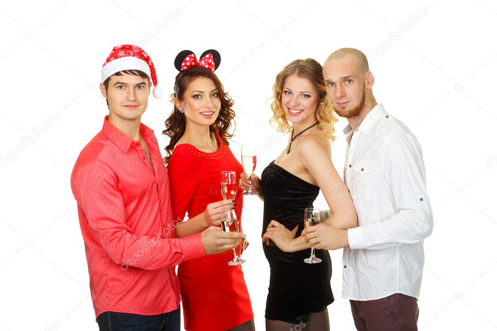Friends with champagne at christmas party
