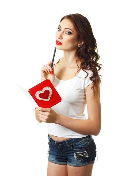 Woman with card on Valentine Day — Stock Photo, Image