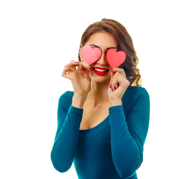 Girl with Valentine Hearts over her Eyes. — Stock Photo, Image