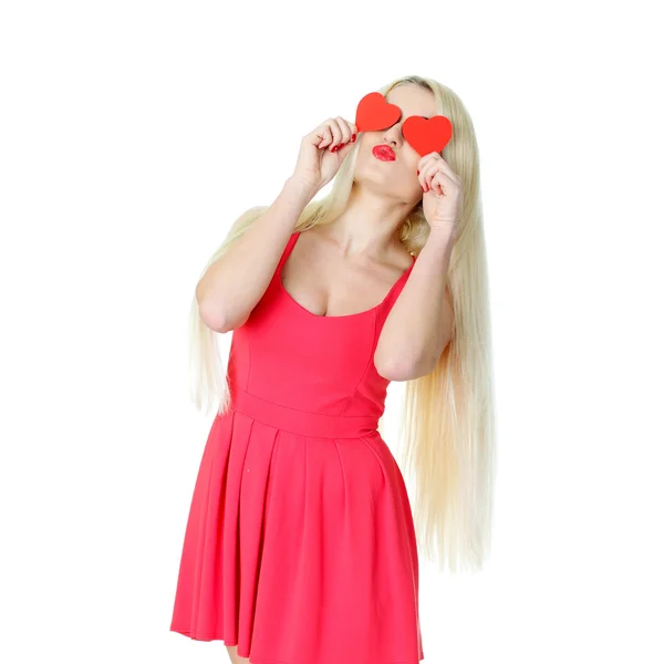 Blonde girl  with hearts — Stock Photo, Image