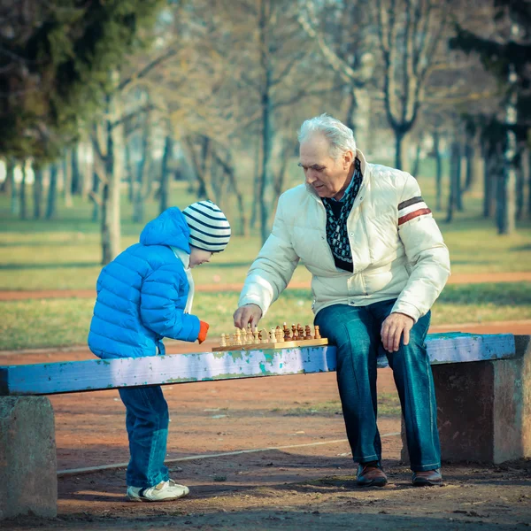 Bunicul și nepotul jucând șah — Fotografie, imagine de stoc
