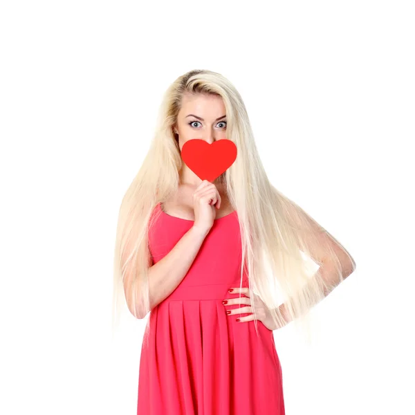 Girl in a red dress with heart. — Stock Photo, Image