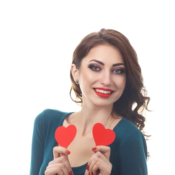 Веселая девочка с сердечками Валентины — стоковое фото