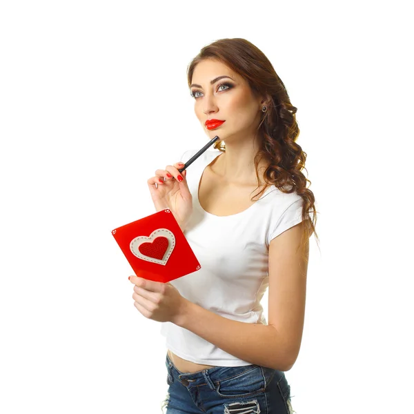 Woman with card on Valentine Day. — Stock Photo, Image