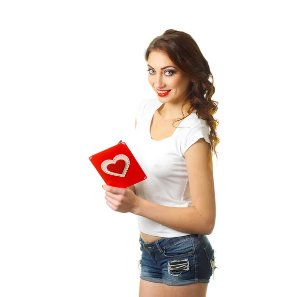 Woman with card on Valentine Day. — Stock Photo, Image