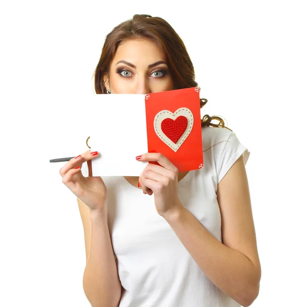 Woman with card on Valentine Day. — Stock Photo, Image