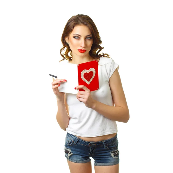 Woman with card on Valentine Day. — Stock Photo, Image