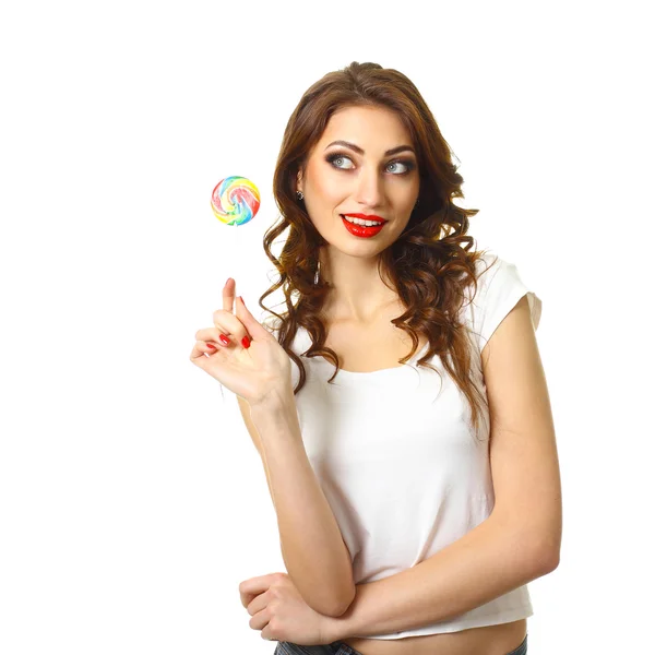 Beautiful woman  holding a candy — Stock Photo, Image