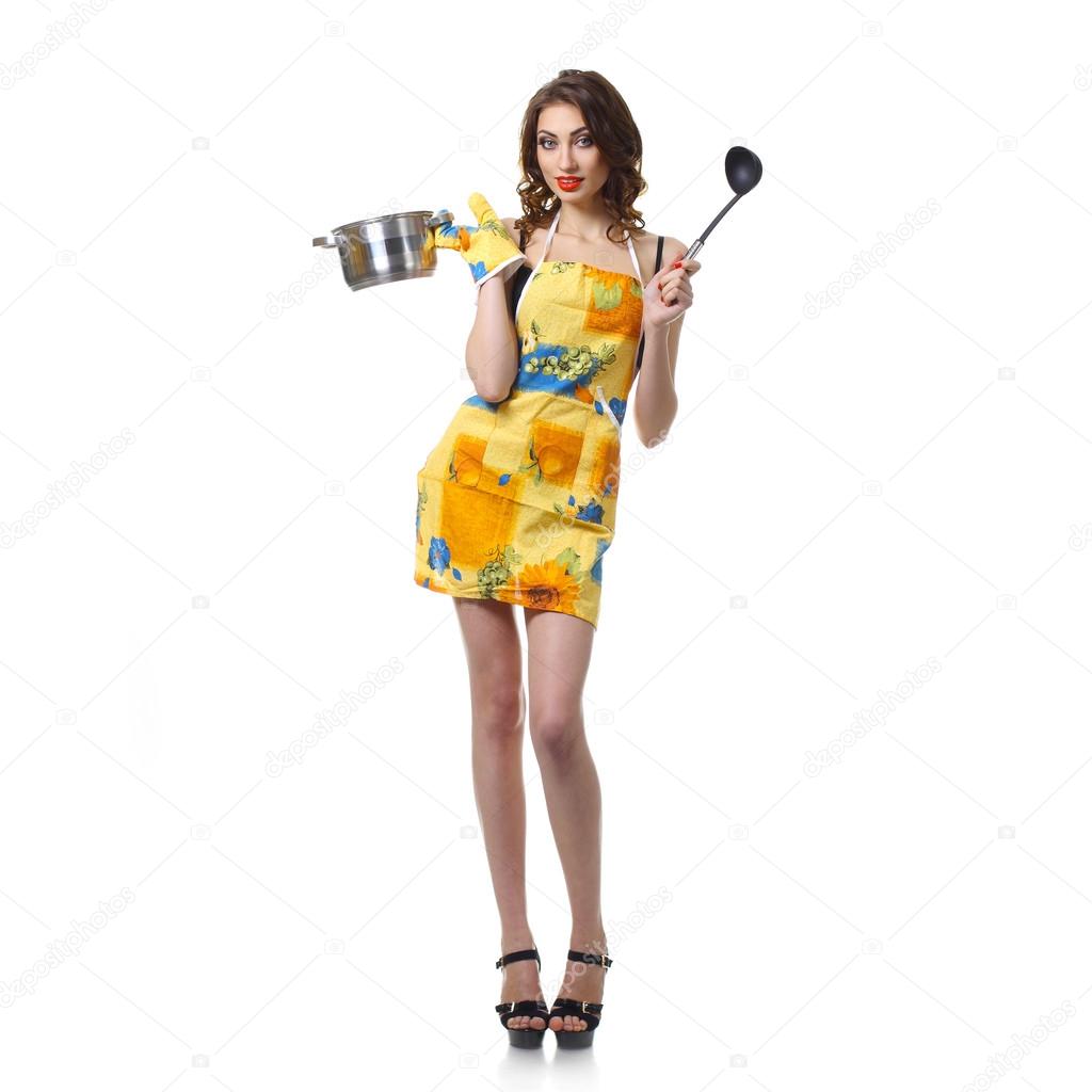 girl in lingerie with  saucepan.