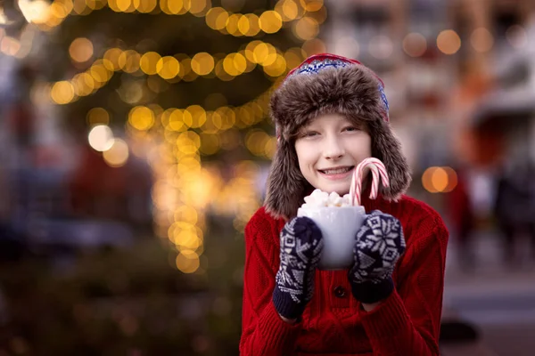 Smiling Boy Holding Cup Hot Chocolate Marshmallows Candy Canes Enjoying — Foto de Stock