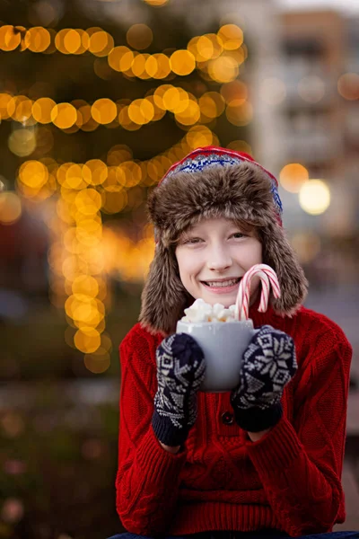 Smiling Boy Holding Cup Hot Chocolate Marshmallows Candy Canes Enjoying — Foto de Stock