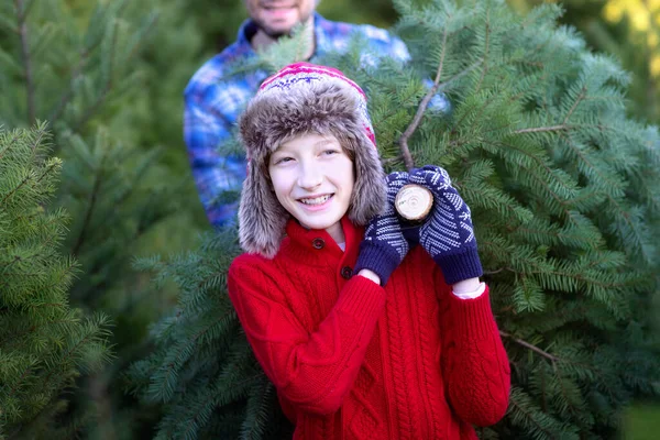 Alegre Niño Sonriente Padre Llevando Árbol Recién Cortado Granja Árboles — Foto de Stock