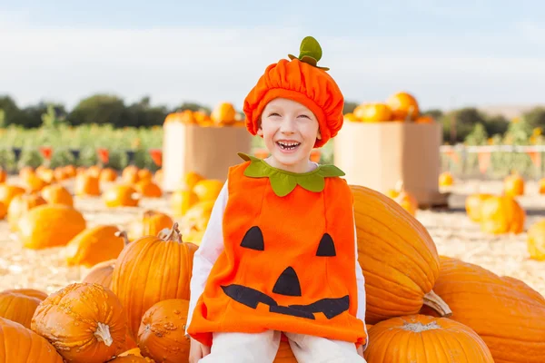 Kid op pompoen patch — Stockfoto