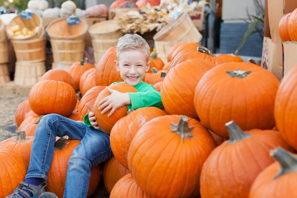 Kid at pumpkin patch — Stock Photo, Image